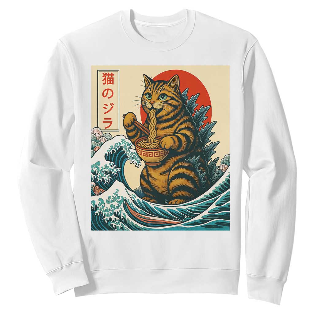 Catzilla Sweatshirt Cute Cat Eating Ramen Japanese Sun Wave Art TS12 White Print Your Wear