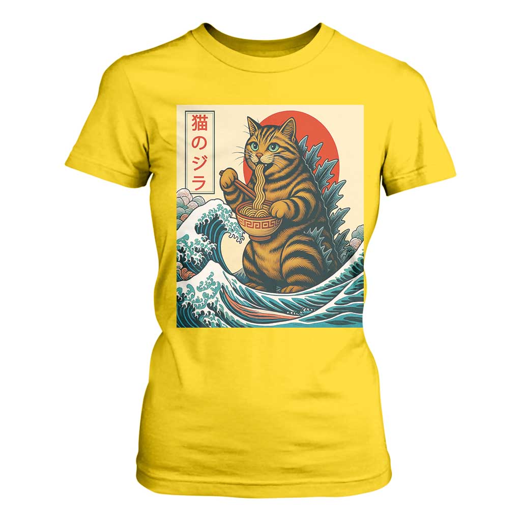 Cute Giant Cat Monster Eating Ramen T Shirt For Women Japanese Sun Wave Art TS12 Daisy Print Your Wear