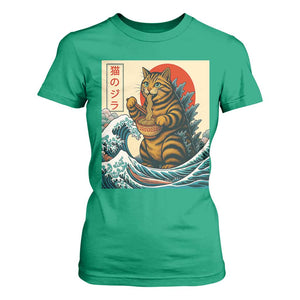 Catzilla T Shirt For Women Cute Cat Eating Ramen Japanese Sun Wave Art TS12 Irish Green Print Your Wear