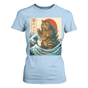 Cute Giant Cat Monster Eating Ramen T Shirt For Women Japanese Sun Wave Art TS12 Light Blue Print Your Wear
