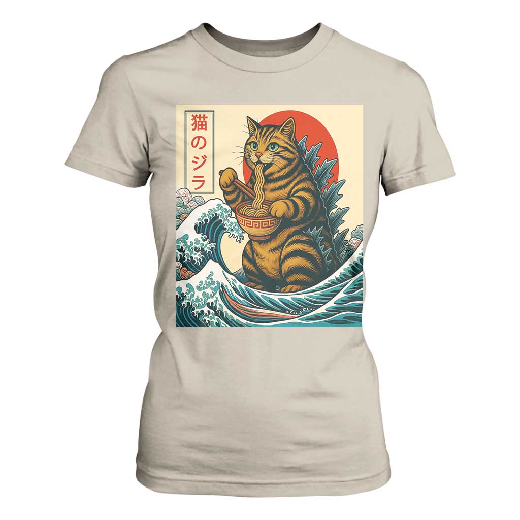 Cute Giant Cat Monster Eating Ramen T Shirt For Women Japanese Sun Wave Art TS12 Sand Print Your Wear