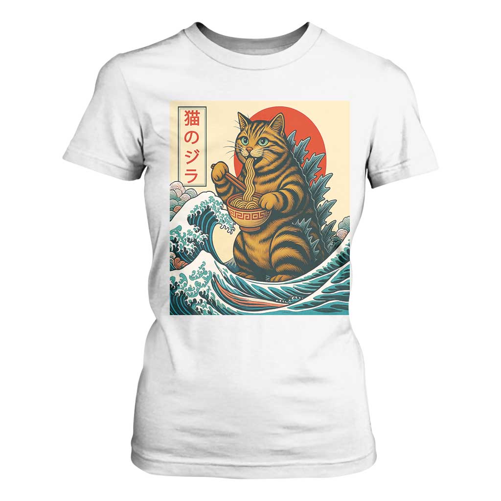 Catzilla T Shirt For Women Cute Cat Eating Ramen Japanese Sun Wave Art TS12 White Print Your Wear