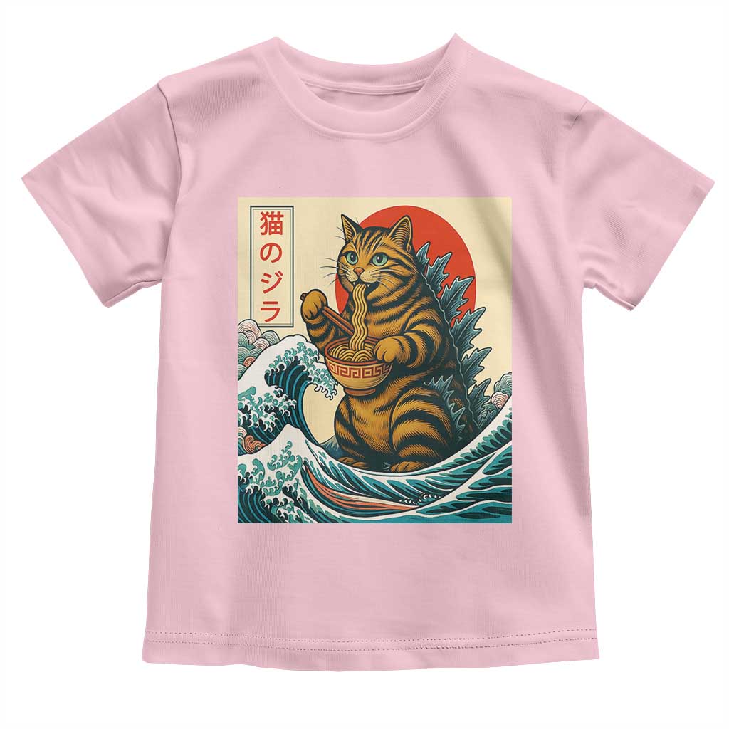 Cute Giant Cat Monster Eating Ramen Toddler T Shirt Japanese Sun Wave Art TS12 Light Pink Print Your Wear