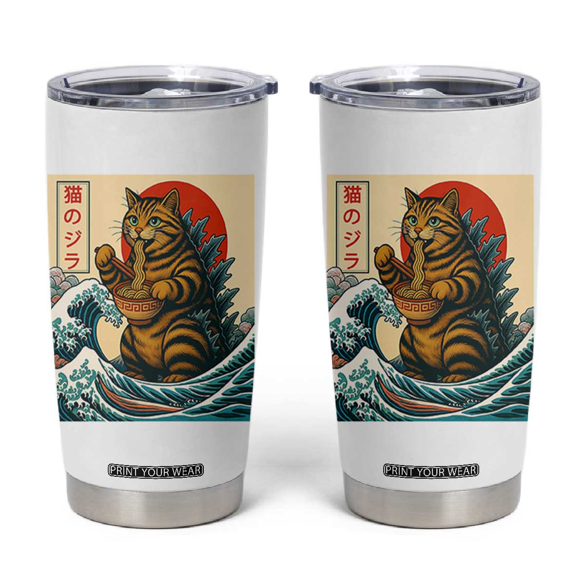 Catzilla Tumbler Cup Cute Cat Eating Ramen Japanese Sun Wave Art TS12 White Print Your Wear