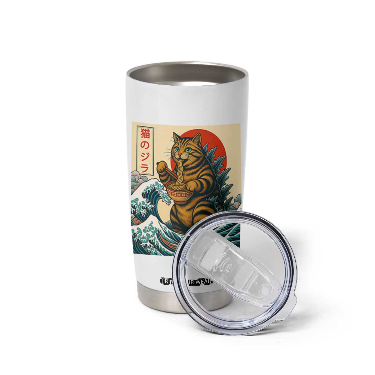 Cute Giant Cat Monster Eating Ramen Tumbler Cup Japanese Sun Wave Art TS12 Print Your Wear