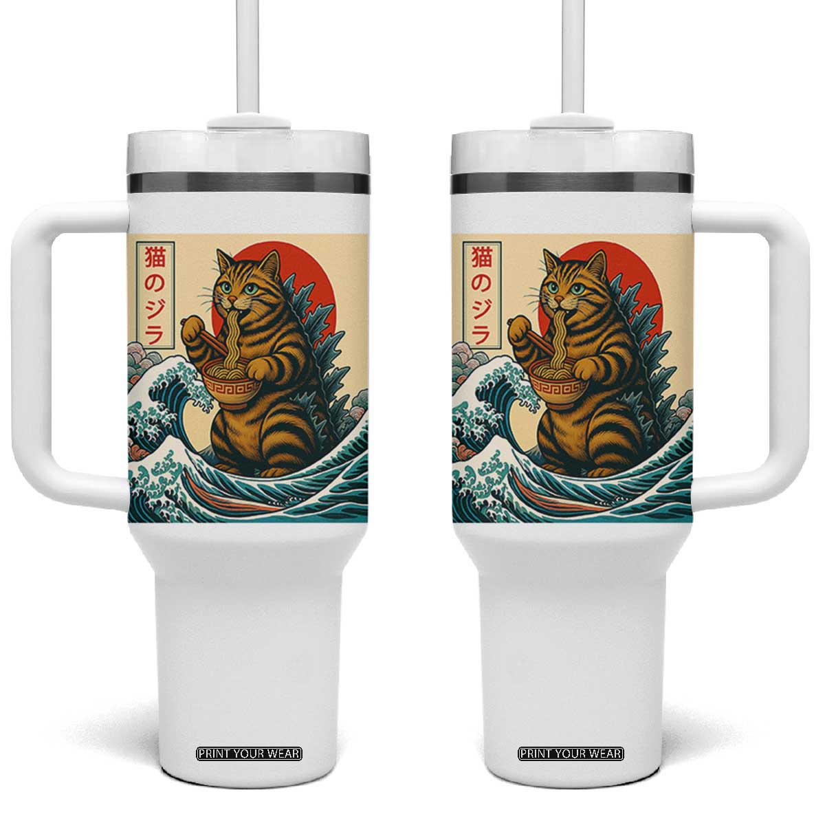 Cute Giant Cat Monster Eating Ramen Tumbler With Handle Japanese Sun Wave Art TS12 One Size: 40 oz White Print Your Wear