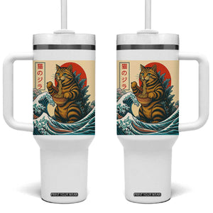 Cute Giant Cat Monster Eating Ramen Tumbler With Handle Japanese Sun Wave Art TS12 One Size: 40 oz White Print Your Wear