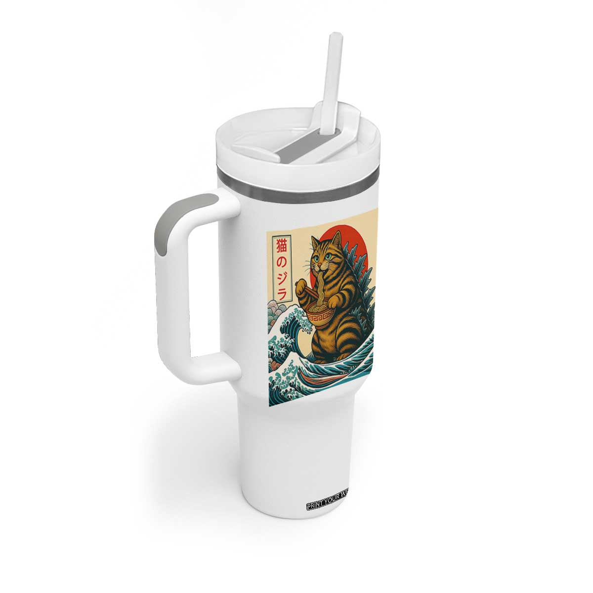 Cute Giant Cat Monster Eating Ramen Tumbler With Handle Japanese Sun Wave Art TS12 Print Your Wear
