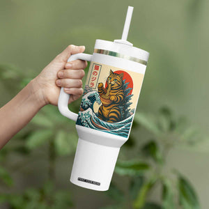 Cute Giant Cat Monster Eating Ramen Tumbler With Handle Japanese Sun Wave Art TS12 Print Your Wear