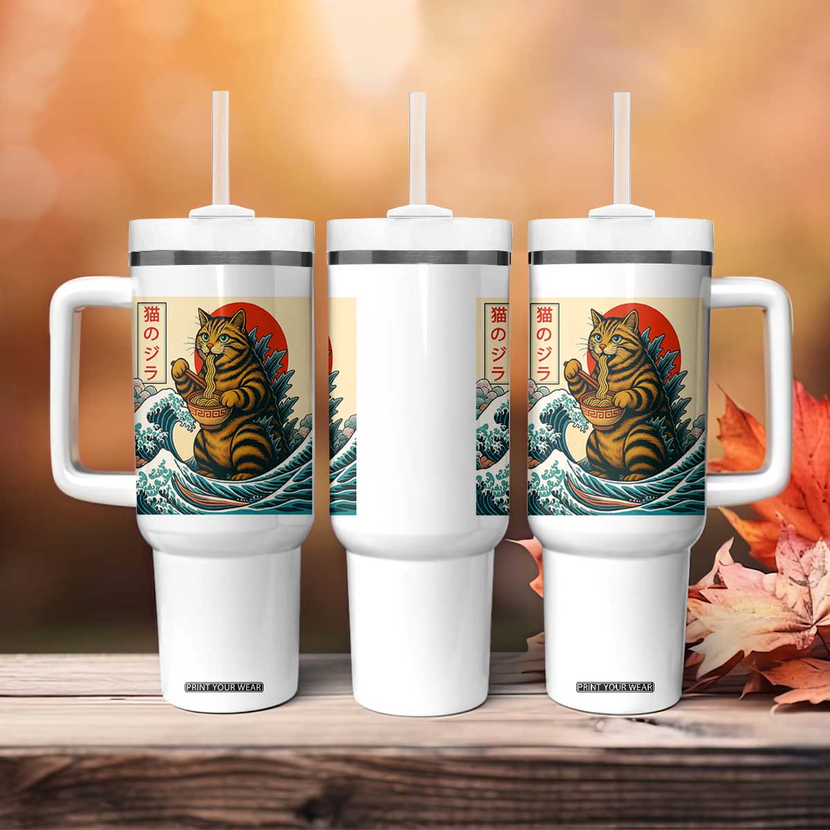 Cute Giant Cat Monster Eating Ramen Tumbler With Handle Japanese Sun Wave Art TS12 Print Your Wear