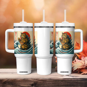 Catzilla Tumbler With Handle Cute Cat Eating Ramen Japanese Sun Wave Art TS12 Print Your Wear