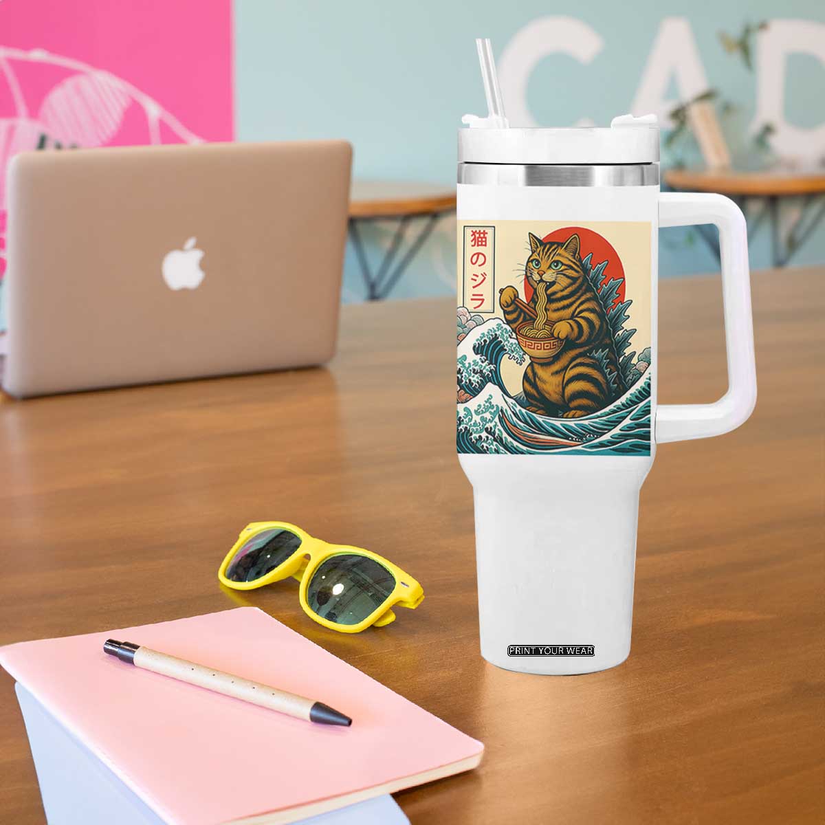 Cute Giant Cat Monster Eating Ramen Tumbler With Handle Japanese Sun Wave Art TS12 Print Your Wear