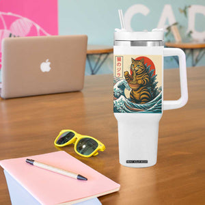 Catzilla Tumbler With Handle Cute Cat Eating Ramen Japanese Sun Wave Art TS12 Print Your Wear