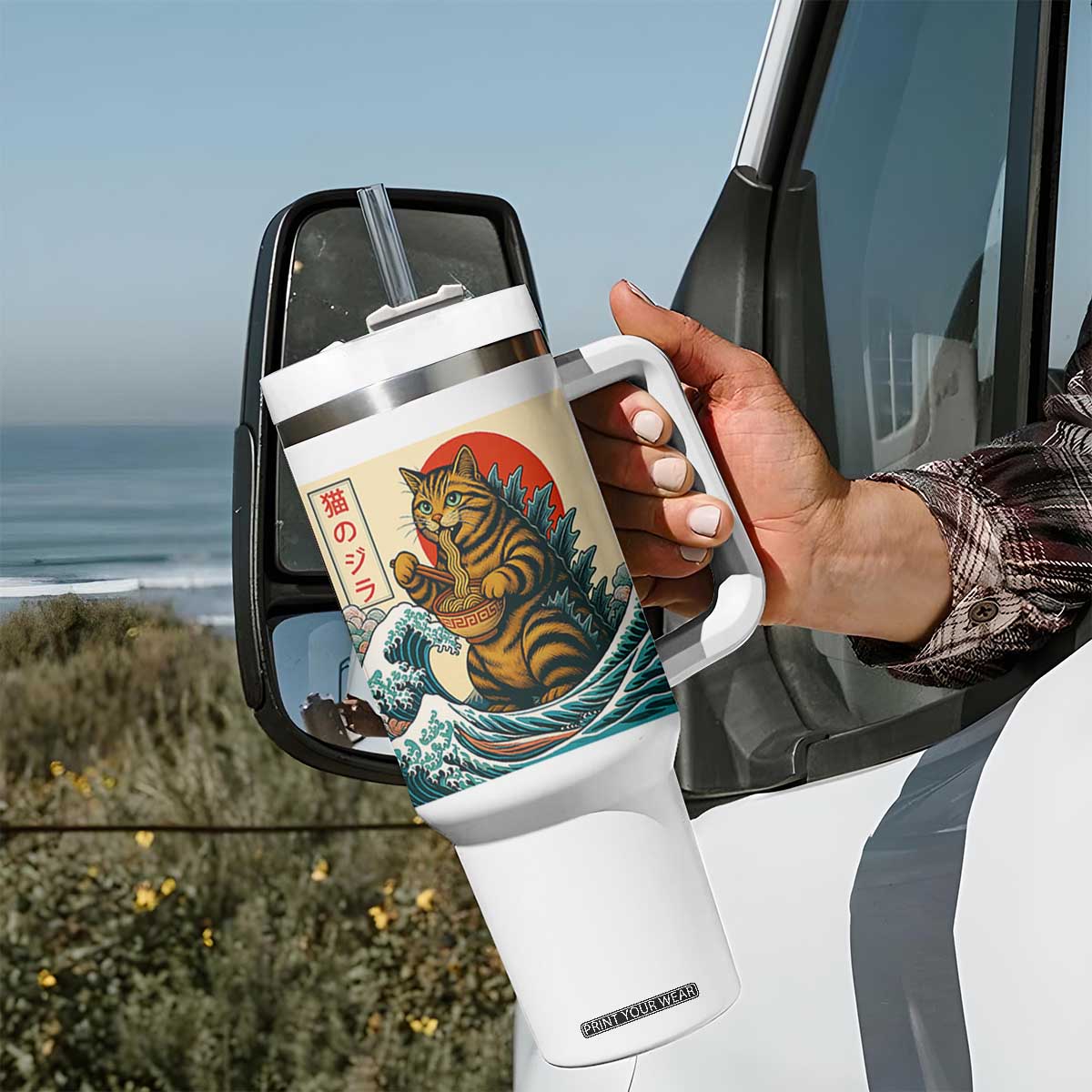 Catzilla Tumbler With Handle Cute Cat Eating Ramen Japanese Sun Wave Art TS12 Print Your Wear