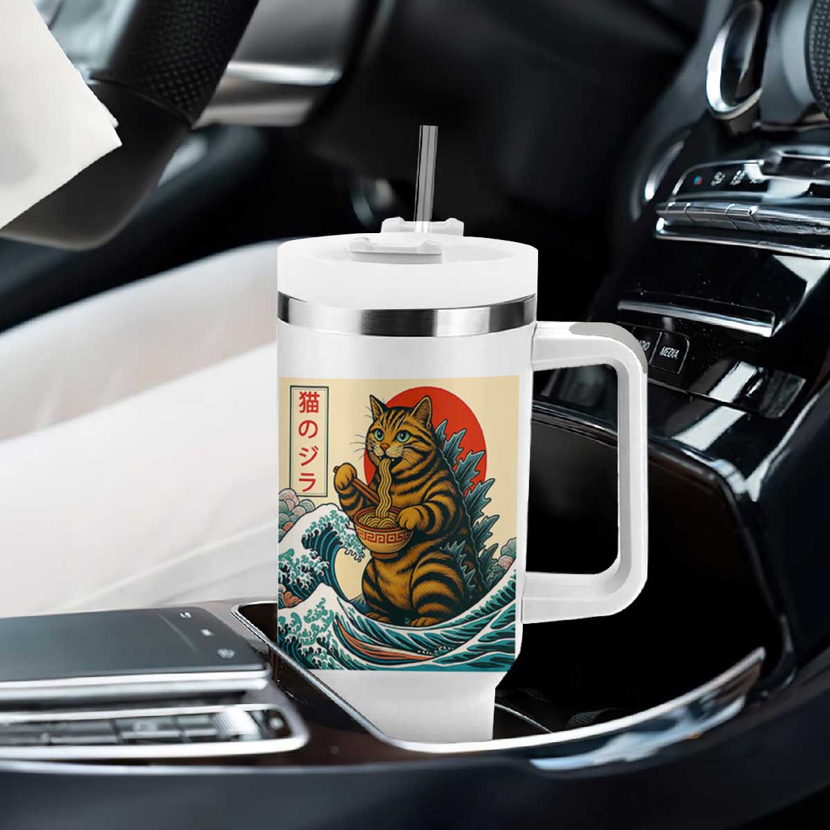 Catzilla Tumbler With Handle Cute Cat Eating Ramen Japanese Sun Wave Art TS12 Print Your Wear