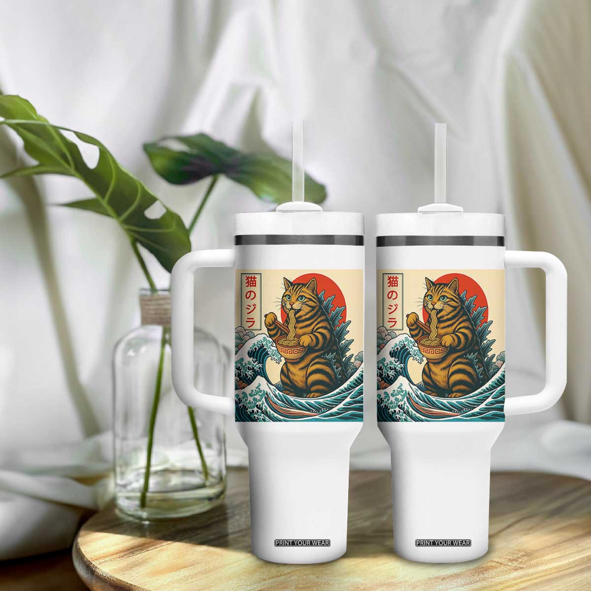 Catzilla Tumbler With Handle Cute Cat Eating Ramen Japanese Sun Wave Art TS12 Print Your Wear