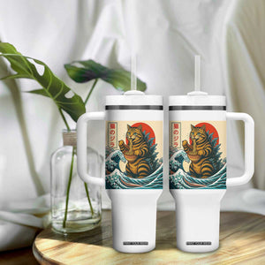 Catzilla Tumbler With Handle Cute Cat Eating Ramen Japanese Sun Wave Art TS12 Print Your Wear