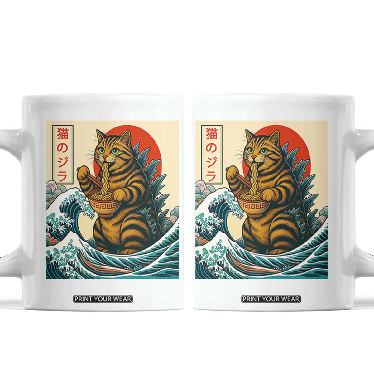 Catzilla Coffee Mug Cute Cat Eating Ramen Japanese Sun Wave Art TS12 White Print Your Wear