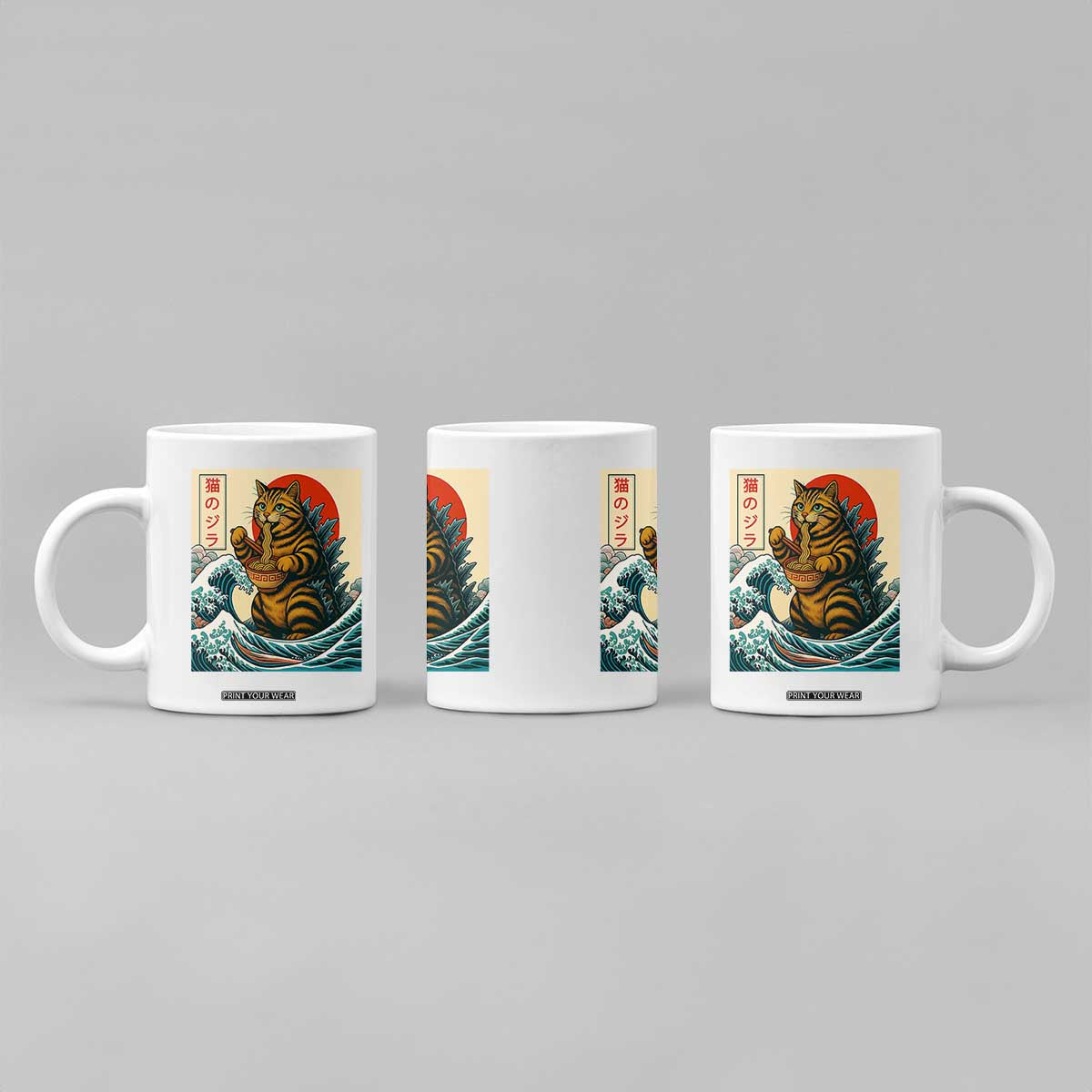 Cute Giant Cat Monster Eating Ramen Coffee Mug Japanese Sun Wave Art TS12 Print Your Wear