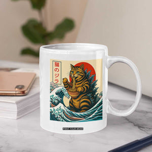 Catzilla Coffee Mug Cute Cat Eating Ramen Japanese Sun Wave Art TS12 Print Your Wear