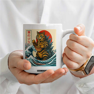 Catzilla Coffee Mug Cute Cat Eating Ramen Japanese Sun Wave Art TS12 Print Your Wear