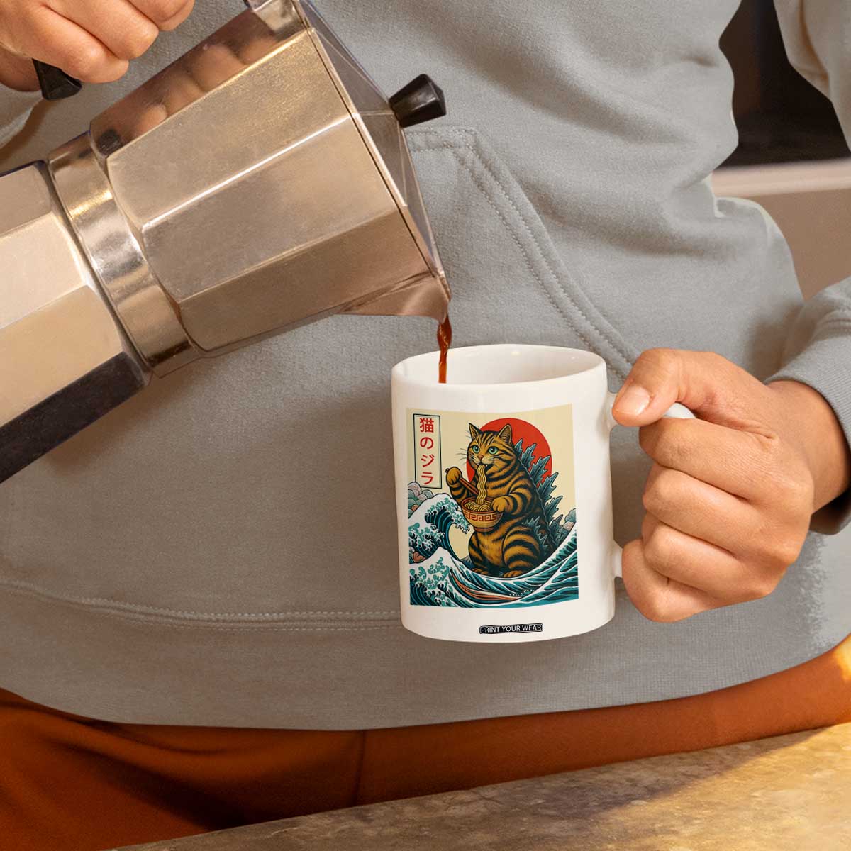 Catzilla Coffee Mug Cute Cat Eating Ramen Japanese Sun Wave Art TS12 Print Your Wear