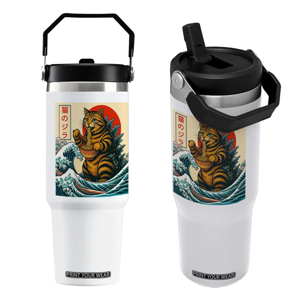 Catzilla Flip Straw Tumbler Cute Cat Eating Ramen Japanese Sun Wave Art TS12 One Size: 30 oz White Print Your Wear