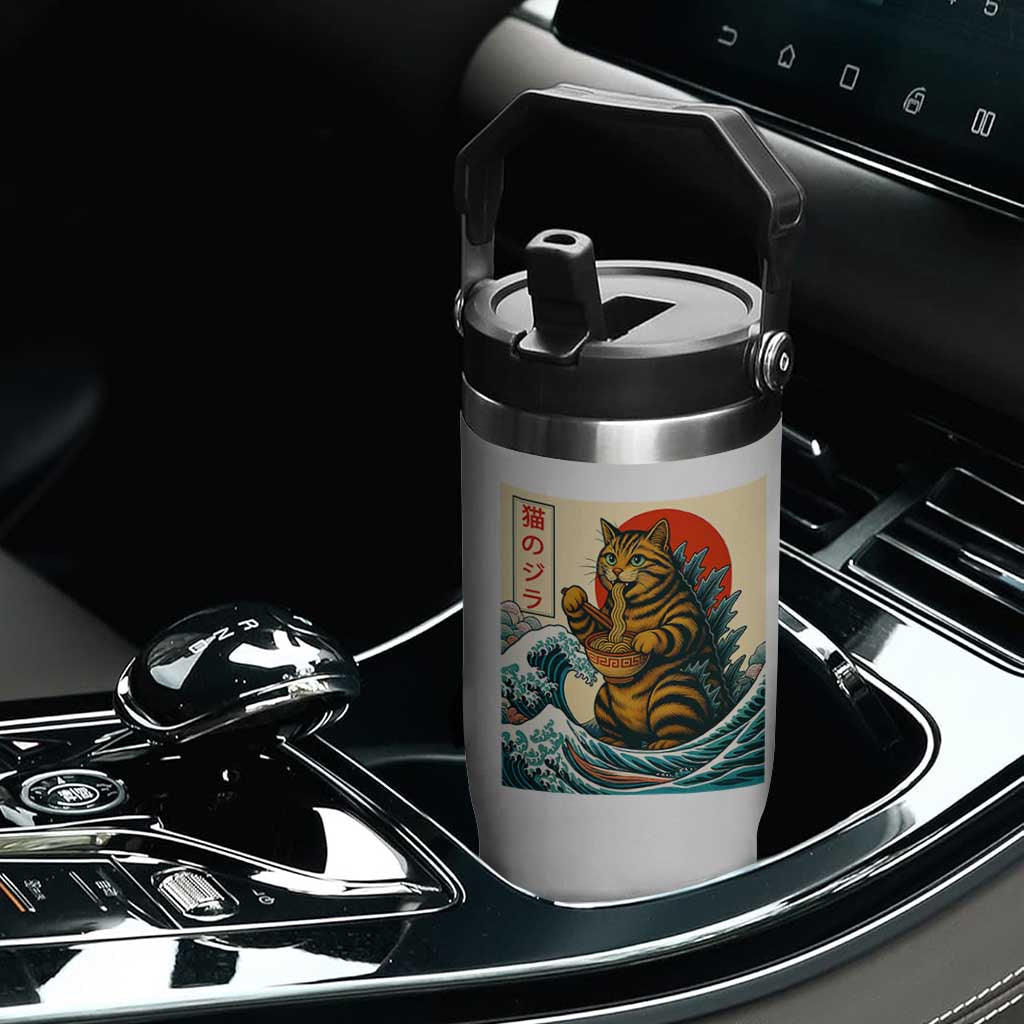 Cute Giant Cat Monster Eating Ramen Flip Straw Tumbler Japanese Sun Wave Art TS12 Print Your Wear