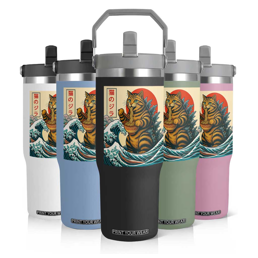 Cute Giant Cat Monster Eating Ramen Flip Straw Tumbler Japanese Sun Wave Art TS12 Print Your Wear
