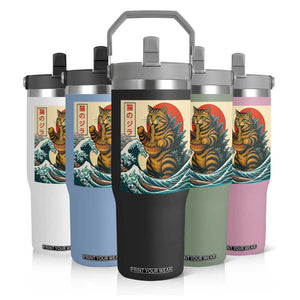 Catzilla Flip Straw Tumbler Cute Cat Eating Ramen Japanese Sun Wave Art TS12 Print Your Wear