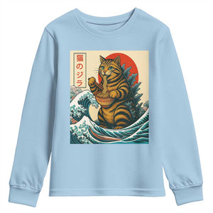 Catzilla Youth Sweatshirt Cute Cat Eating Ramen Japanese Sun Wave Art TS12 Light Blue Print Your Wear