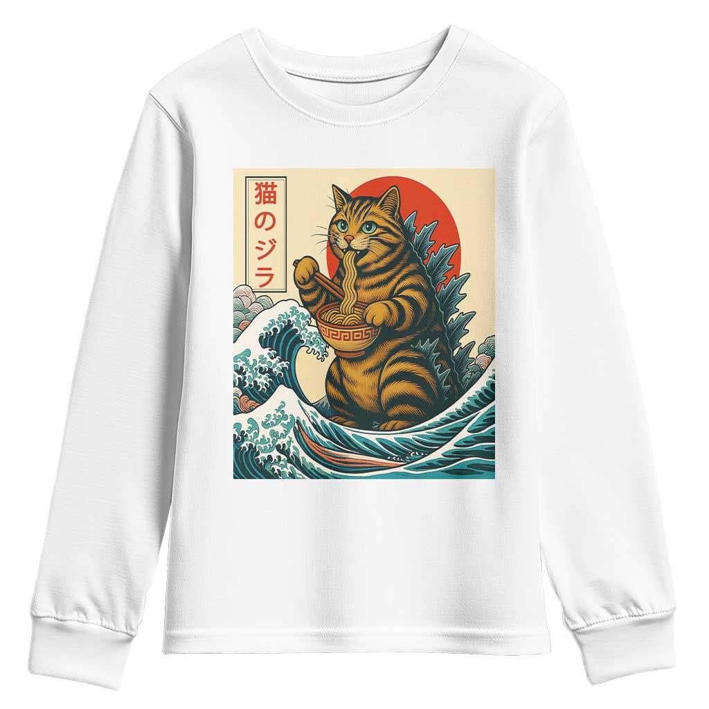Catzilla Youth Sweatshirt Cute Cat Eating Ramen Japanese Sun Wave Art TS12 White Print Your Wear