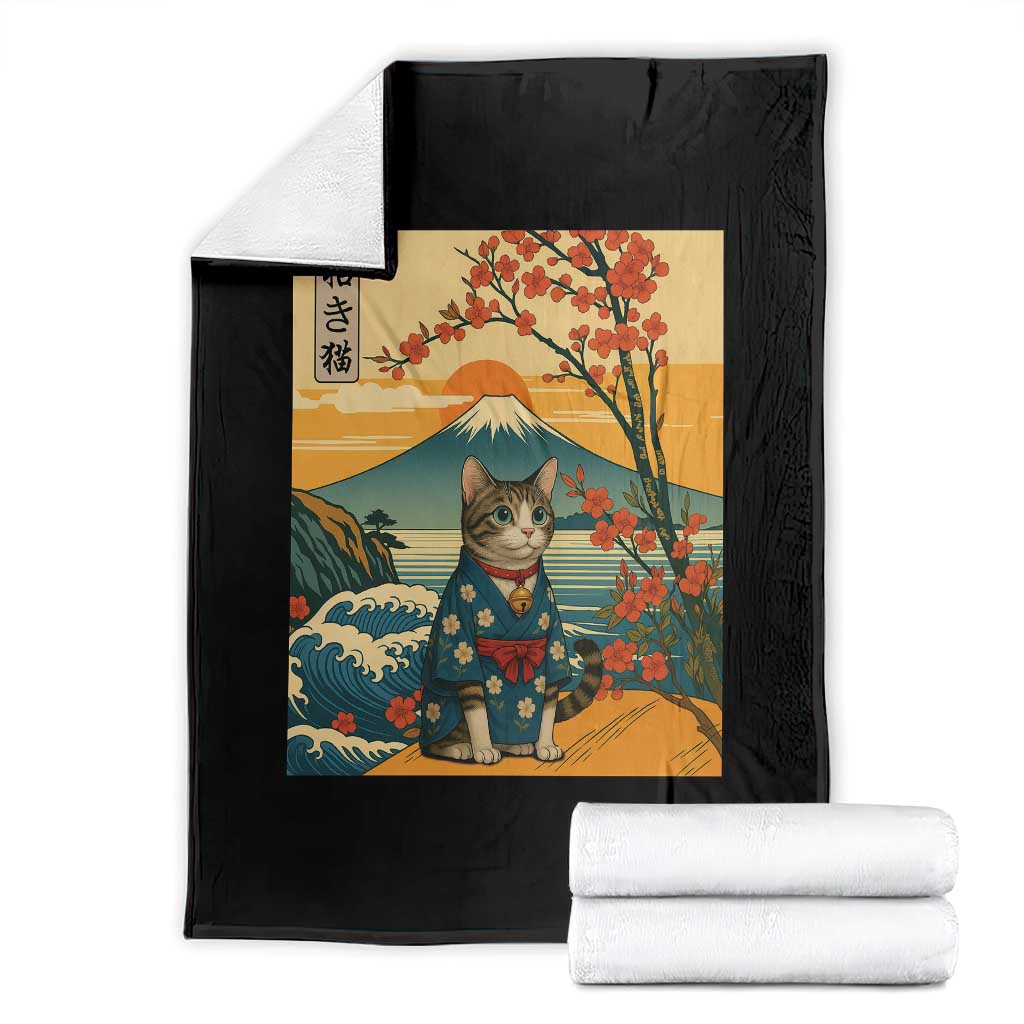 Japanese Ukiyo E Cat Kimono Throw Blanket Mount Fuji Cherry Blossom Vintage Gift TS12 Black Print Your Wear