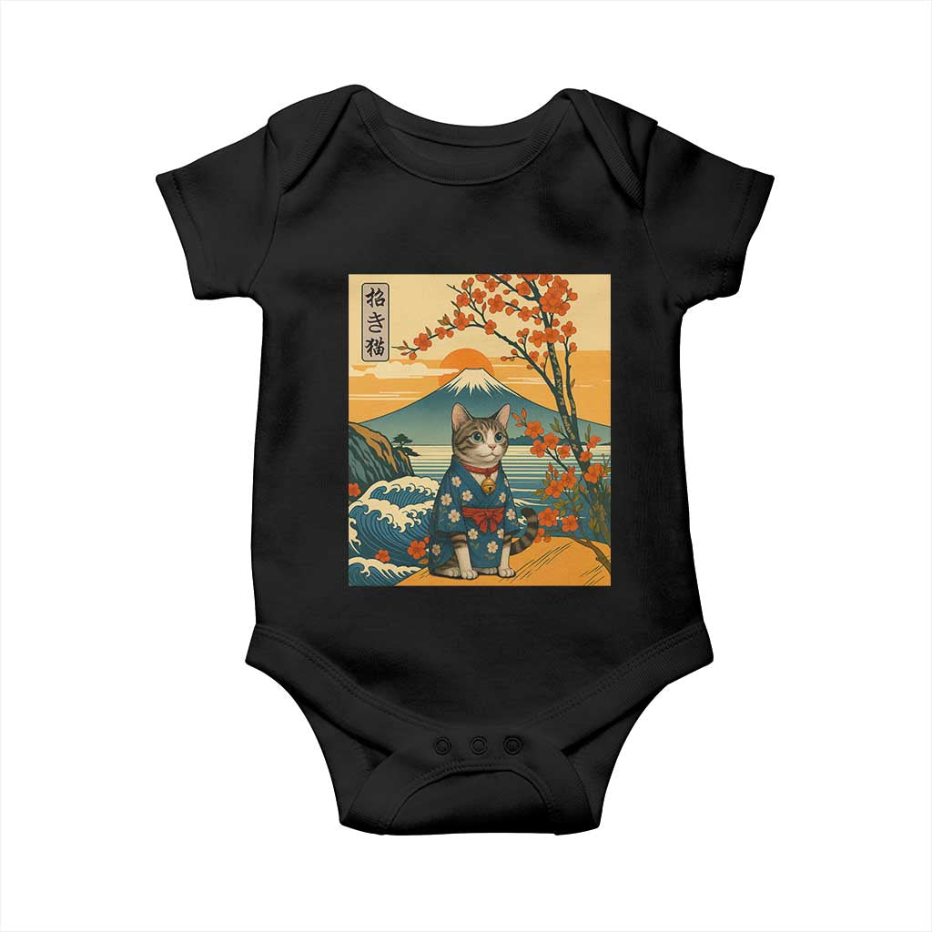 Japanese Ukiyo E Cat Kimono Baby Onesie Mount Fuji Cherry Blossom Vintage Gift TS12 Black Print Your Wear
