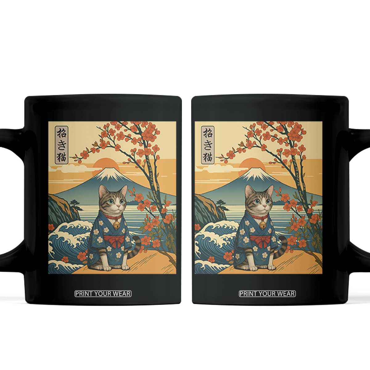 Japanese Ukiyo E Cat Kimono Coffee Mug Mount Fuji Cherry Blossom Vintage Gift TS12 Black Print Your Wear