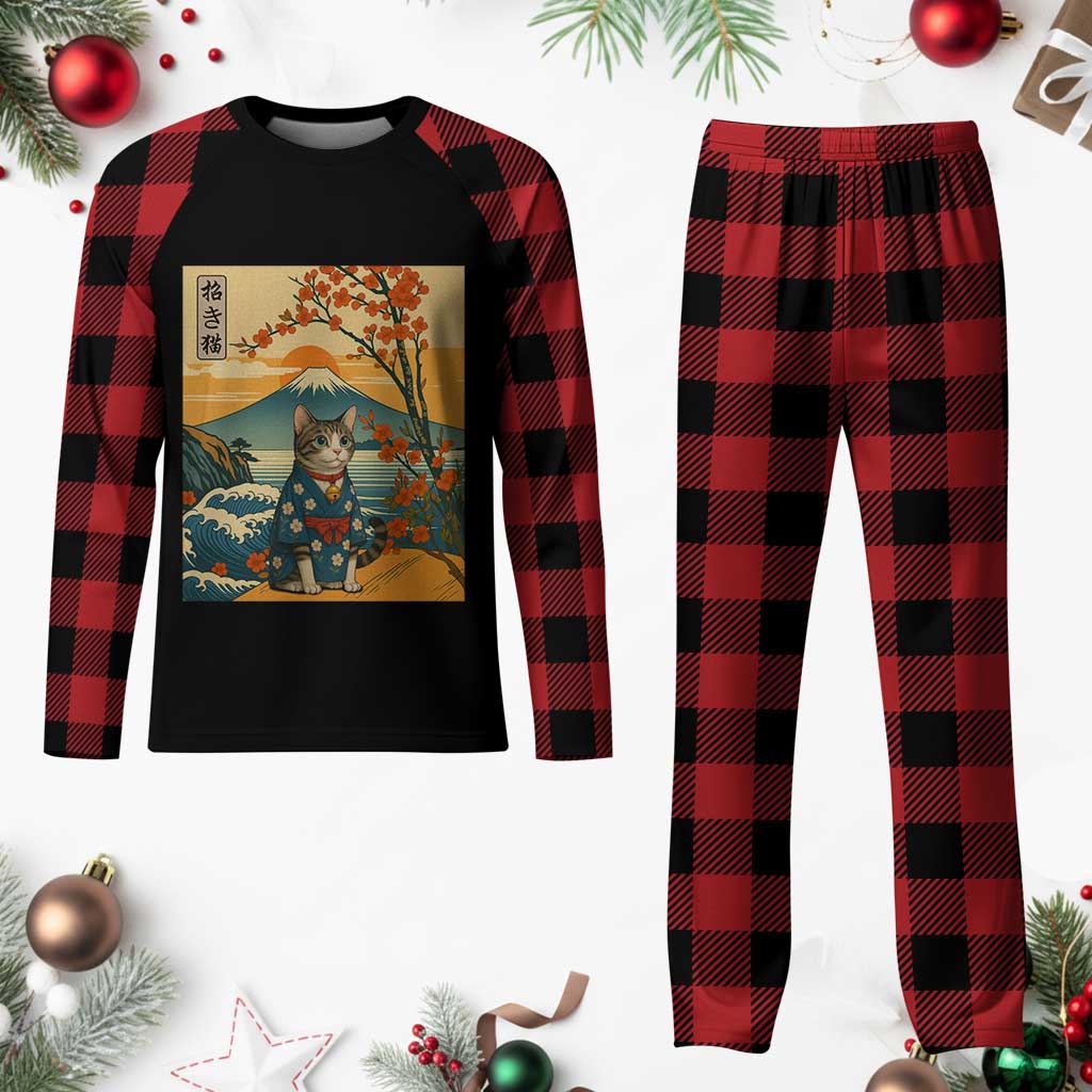 Japanese Ukiyo E Cat Kimono Plaid Pajama Set Mount Fuji Cherry Blossom Vintage Gift TS12 Buffalo Plaid Print Your Wear