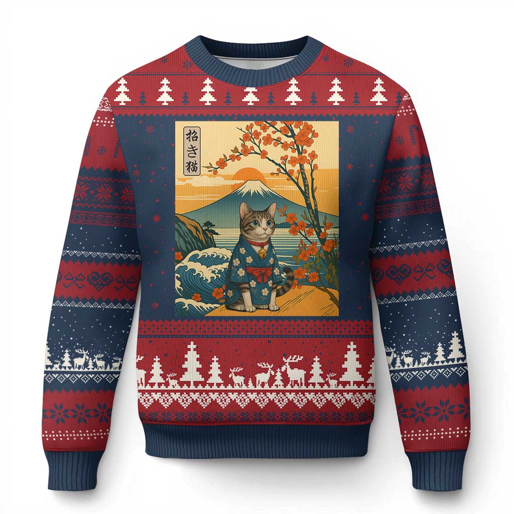 Japanese Ukiyo E Cat Kimono Ugly Christmas Sweater Mount Fuji Cherry Blossom Vintage Gift TS12 Navy Red Print Your Wear