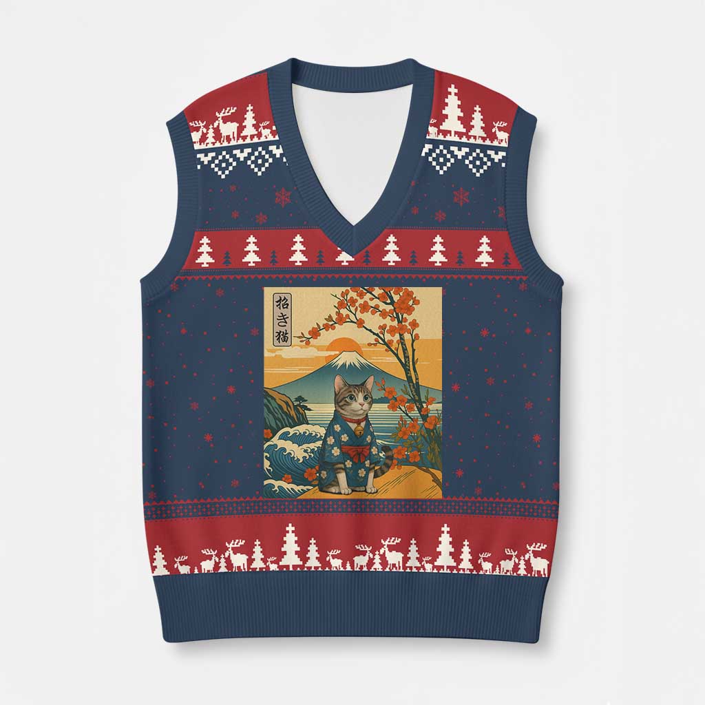 Japanese Ukiyo E Cat Kimono V-Neck Knit Sweater Vest Mount Fuji Cherry Blossom Vintage Gift TS12 Navy Red Print Your Wear