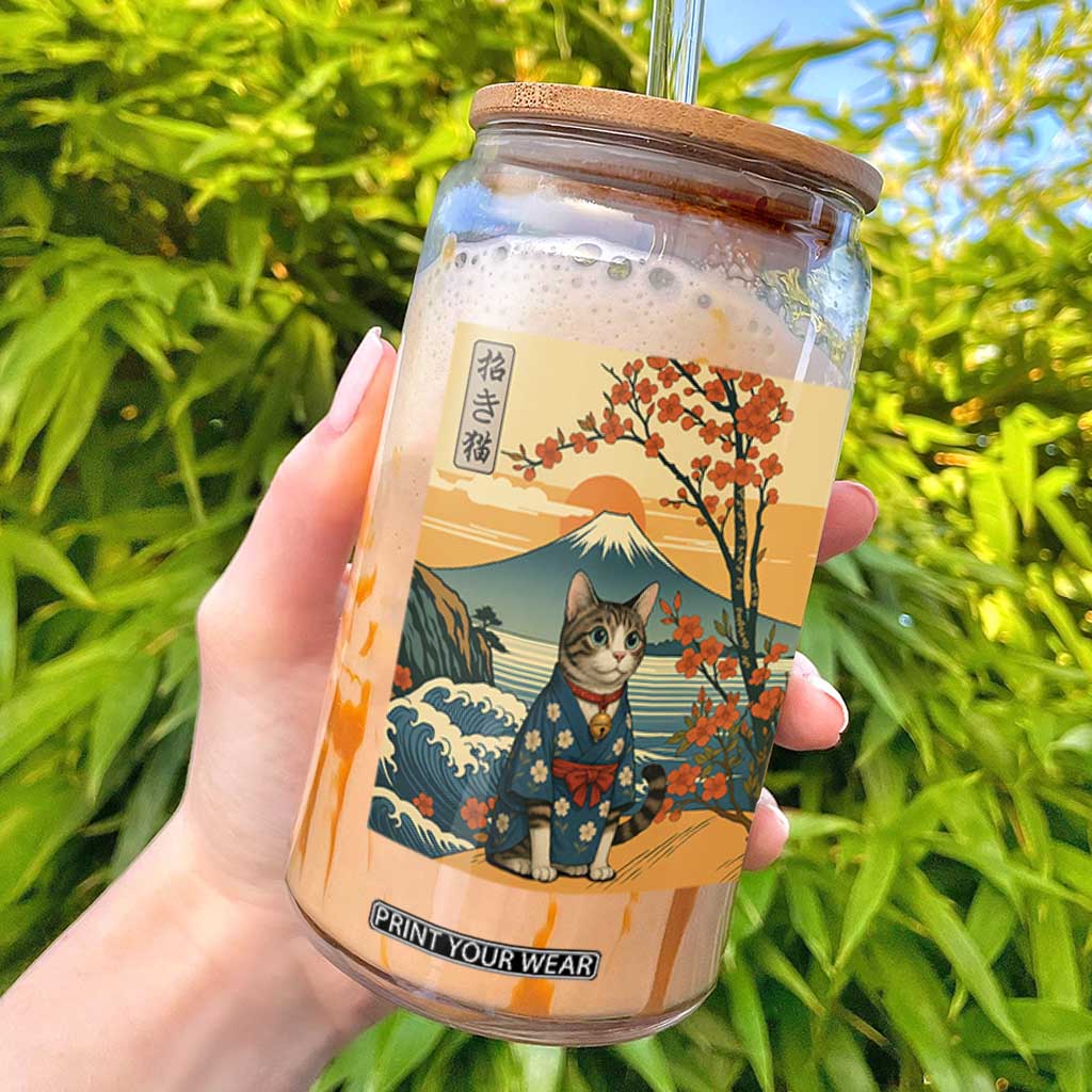 Japanese Ukiyo E Cat Kimono Glass Can Mount Fuji Cherry Blossom Vintage Gift TS12 Black Print Your Wear