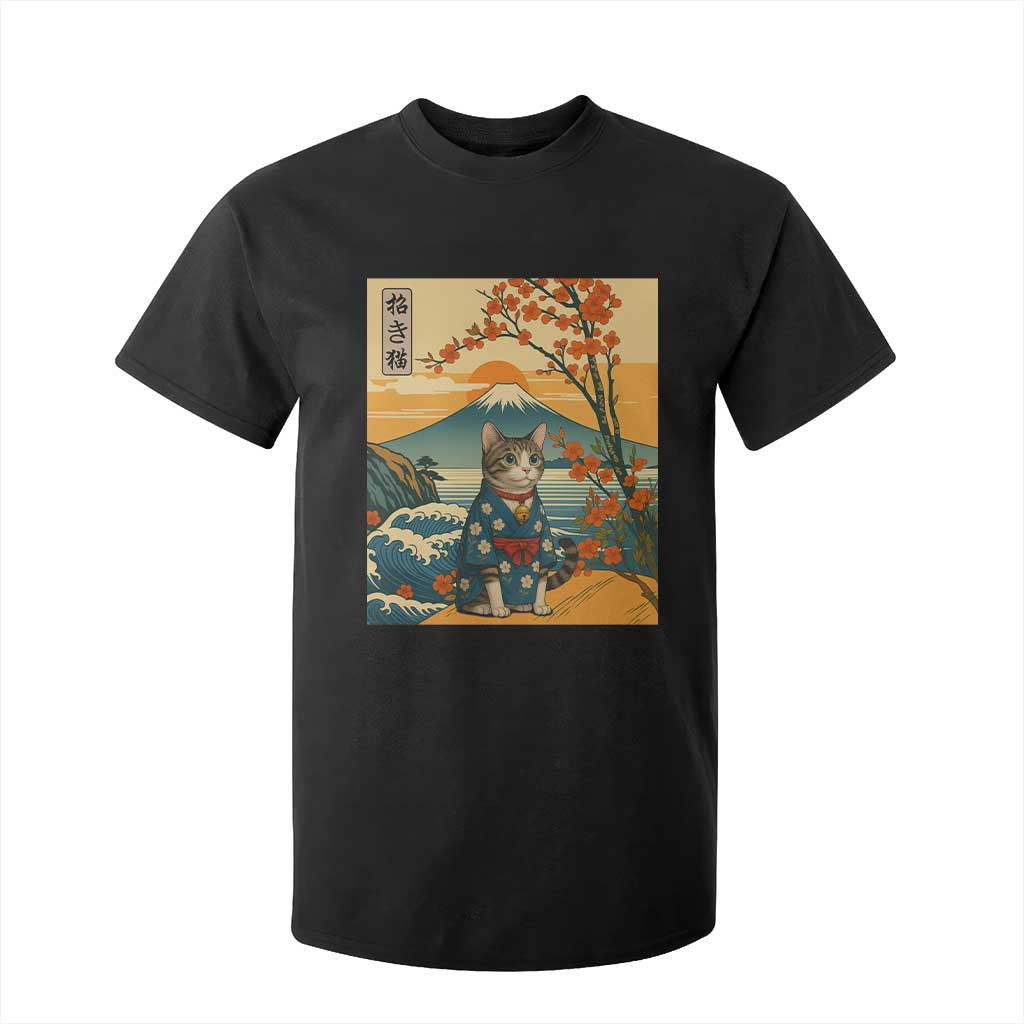 Japanese Ukiyo E Cat Kimono T Shirt For Kid Mount Fuji Cherry Blossom Vintage Gift TS12 Black Print Your Wear