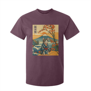 Japanese Ukiyo E Cat Kimono T Shirt For Kid Mount Fuji Cherry Blossom Vintage Gift TS12 Maroon Print Your Wear
