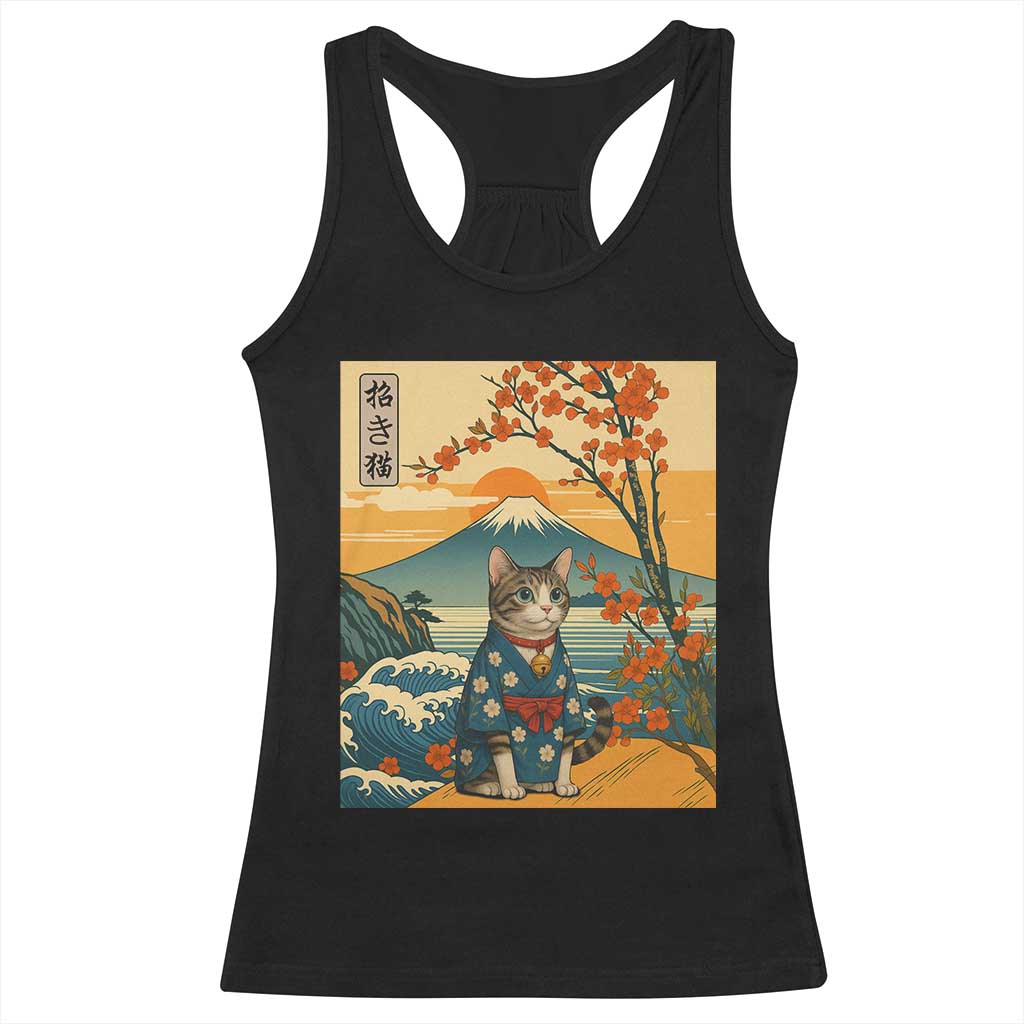 Japanese Ukiyo E Cat Kimono Racerback Tank Top Mount Fuji Cherry Blossom Vintage Gift TS12 Black Print Your Wear