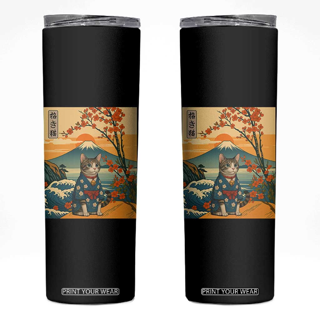 Japanese Ukiyo E Cat Kimono Skinny Tumbler Mount Fuji Cherry Blossom Vintage Gift TS12 Black Print Your Wear