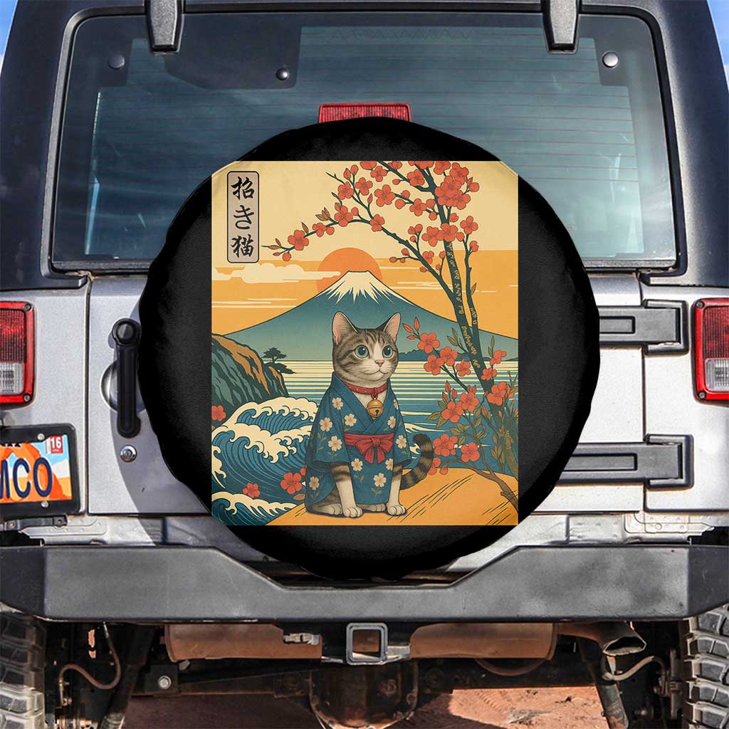 Japanese Ukiyo E Cat Kimono Spare Tire Cover Mount Fuji Cherry Blossom Vintage Gift TS12 No hole Black Print Your Wear