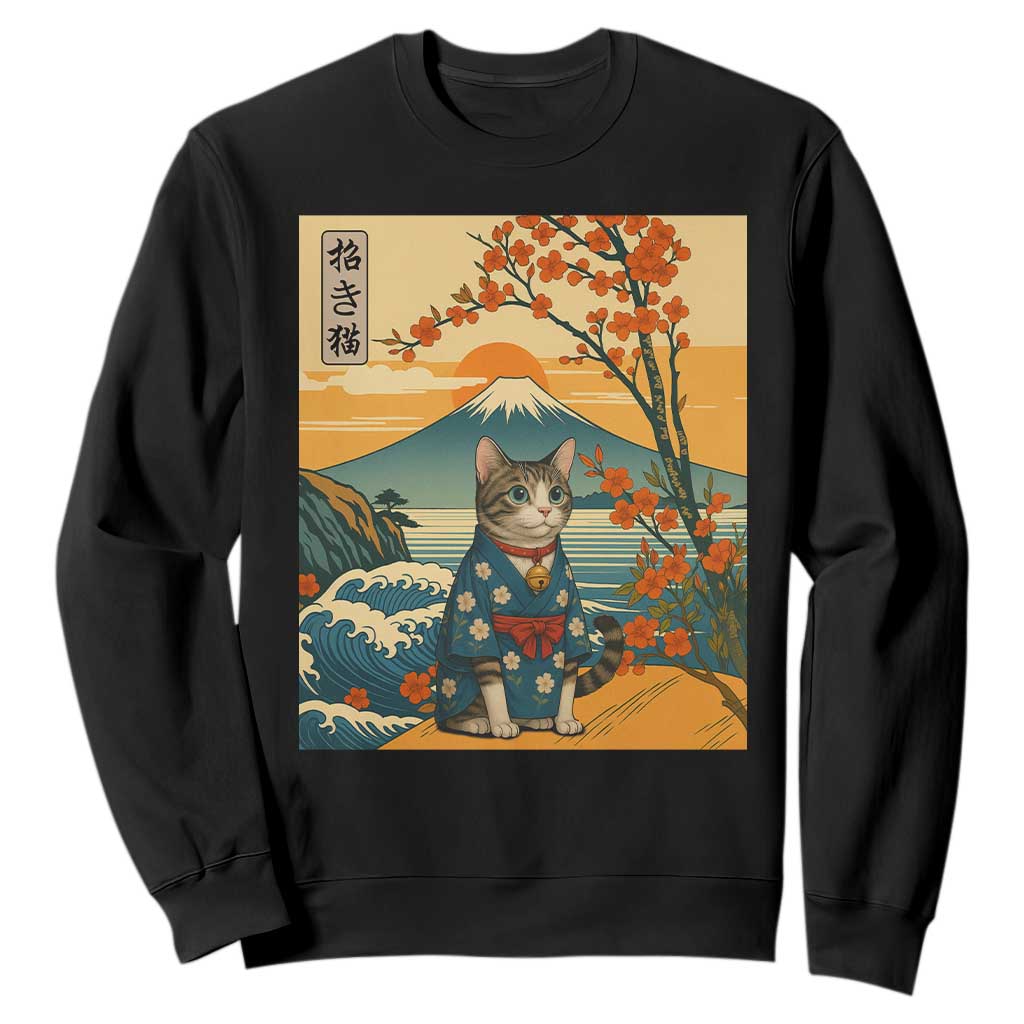 Japanese Ukiyo E Cat Kimono Sweatshirt Mount Fuji Cherry Blossom Vintage Gift TS12 Black Print Your Wear