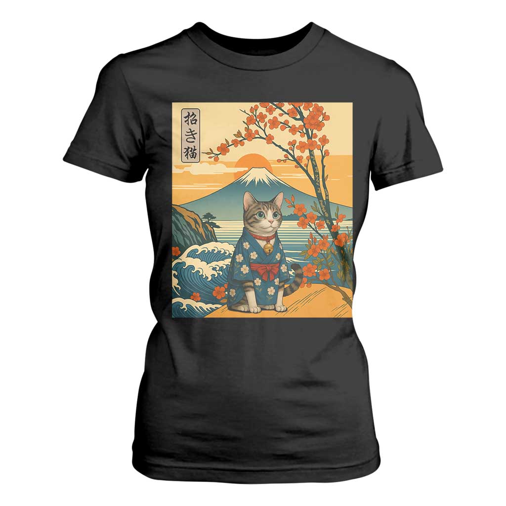 Japanese Ukiyo E Cat Kimono T Shirt For Women Mount Fuji Cherry Blossom Vintage Gift TS12 Black Print Your Wear