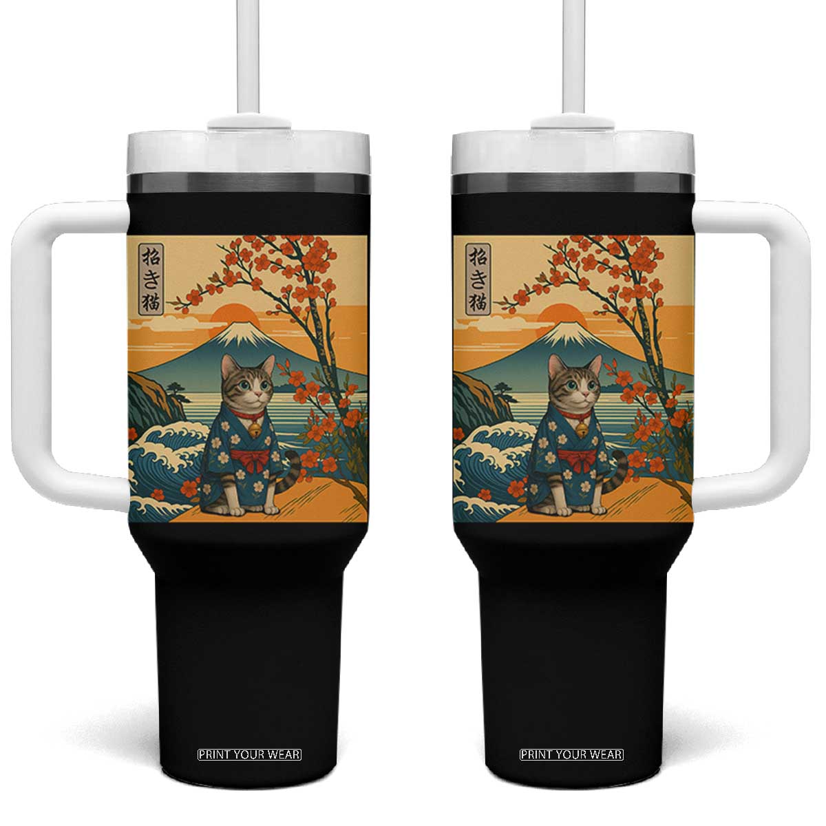 Japanese Ukiyo E Cat Kimono Tumbler With Handle Mount Fuji Cherry Blossom Vintage Gift TS12 One Size: 40 oz Black Print Your Wear