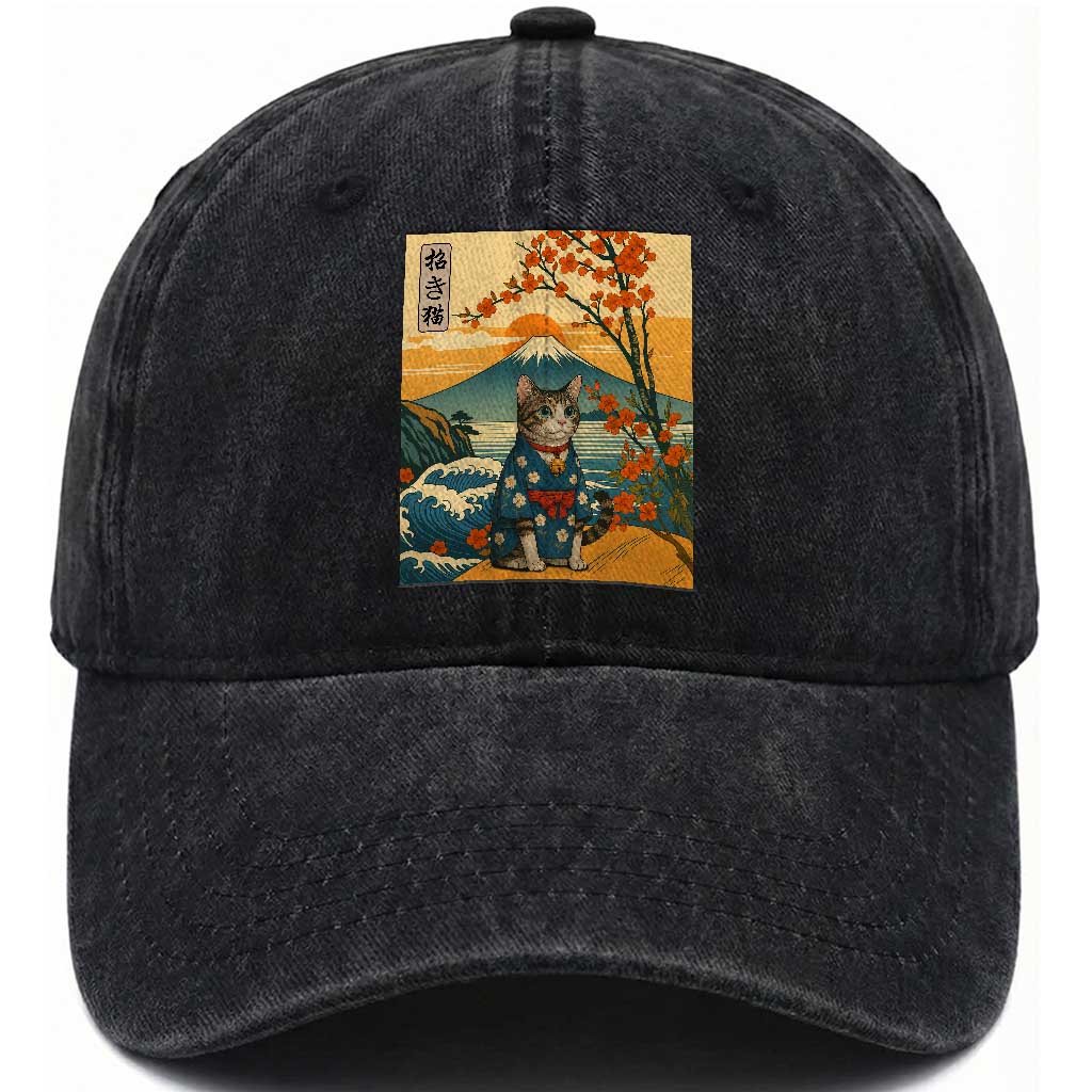 Japanese Ukiyo E Cat Kimono Washed Cotton Baseball Cap Mount Fuji Cherry Blossom Vintage Gift TS12 Print Your Wear