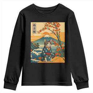 Japanese Ukiyo E Cat Kimono Youth Sweatshirt Mount Fuji Cherry Blossom Vintage Gift TS12 Black Print Your Wear