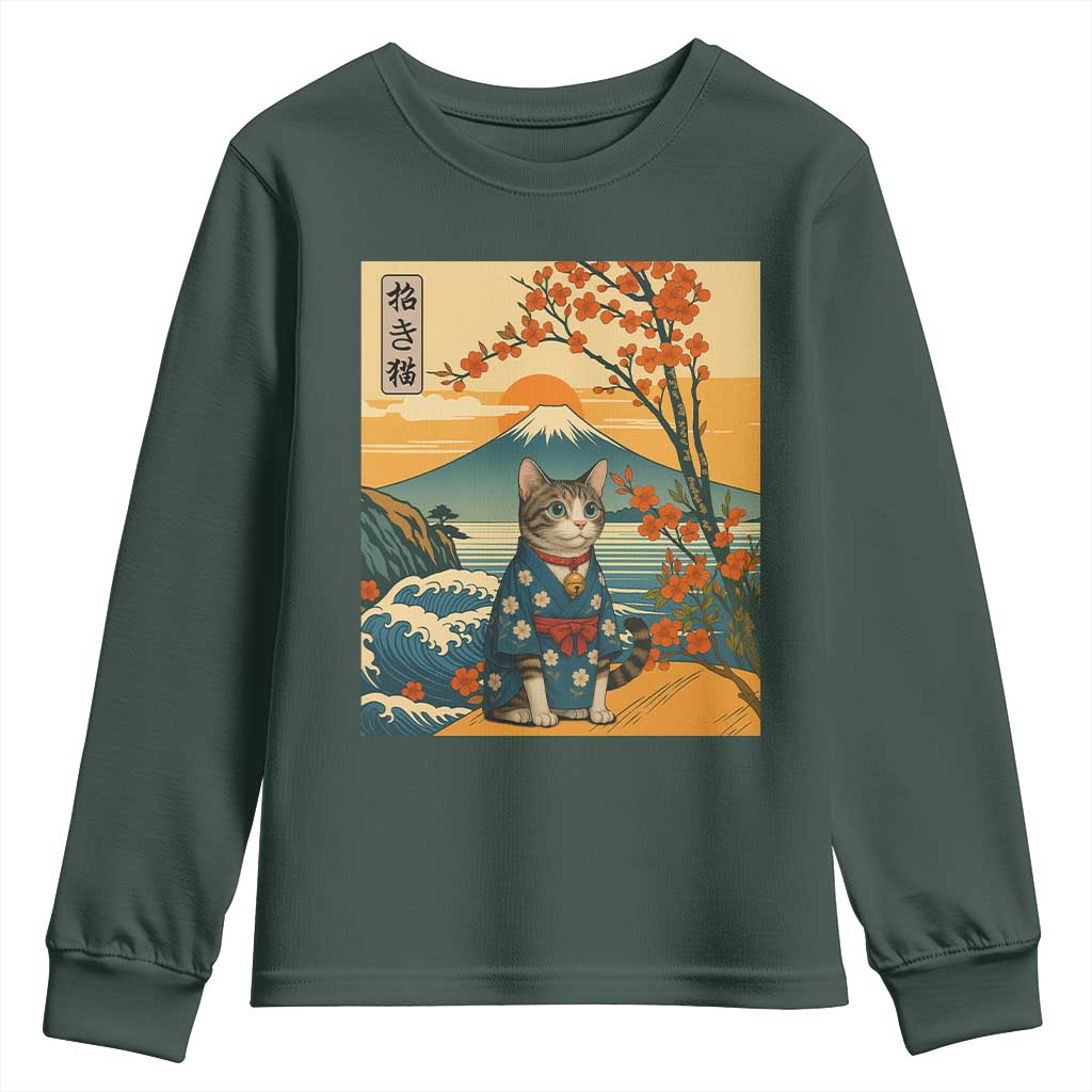 Japanese Ukiyo E Cat Kimono Youth Sweatshirt Mount Fuji Cherry Blossom Vintage Gift TS12 Dark Forest Green Print Your Wear